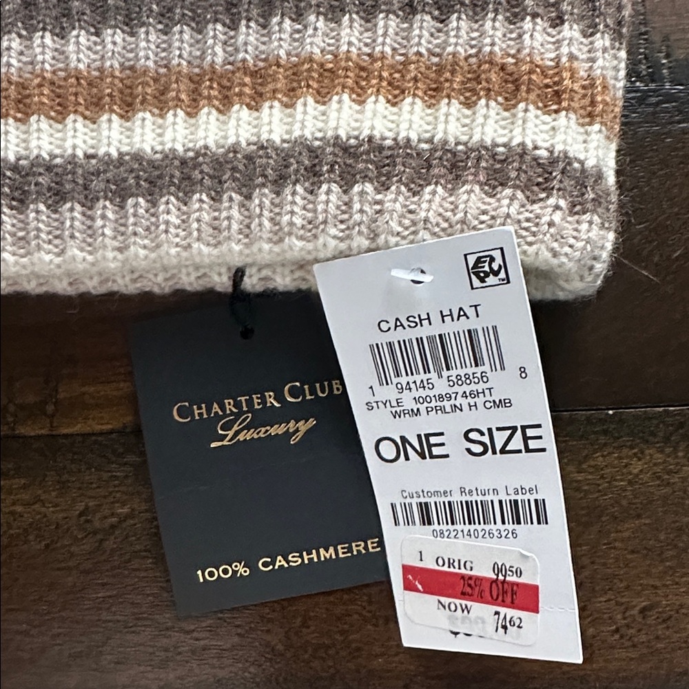 Charter Club Cream Cashmere Beanie with Stripes NWT - Picture 3 of 3
